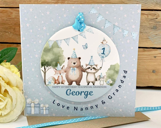 Personalised Grandson 1st Birthday Card with Detachable Keepsake Gift, Son Nephew Card, Any Age