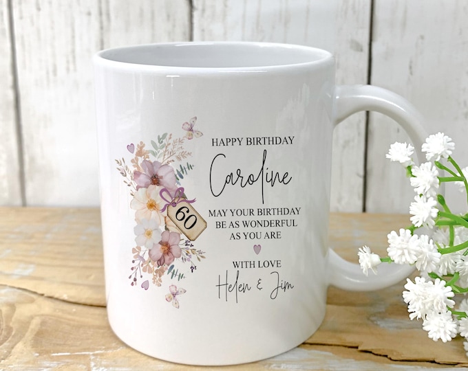 60th Birthday Ceramic Mug, Floral Keepsake Gift for Her, Mum, Friend