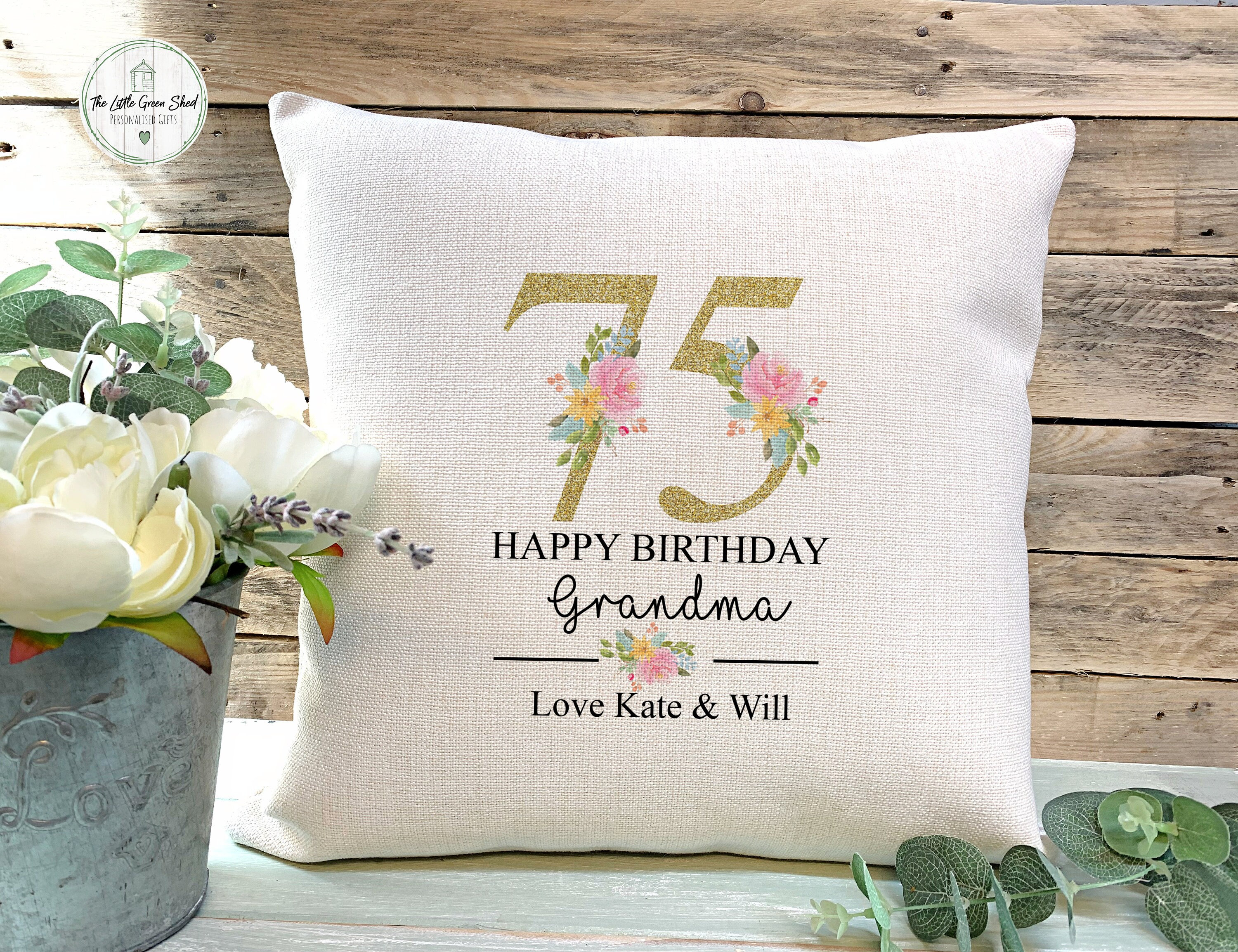 Personalised Birthday Gift Cushion Any age gift Floral Linen pillow