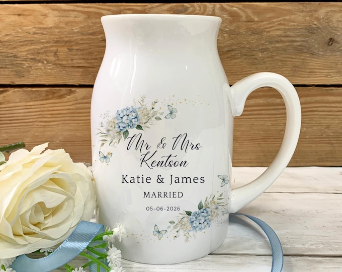 Personalised Wedding Vase Dusty Blue, Wedding Day Gift, Newlyweds Keepsake, Wedding Day Gift, Mr And Mrs Vase, Ceramic Wedding Table Decor
