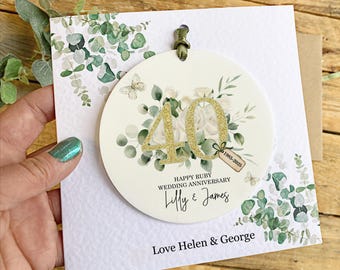 Personalised 40th Ruby Anniversary Card: Floral Keepsake Disc