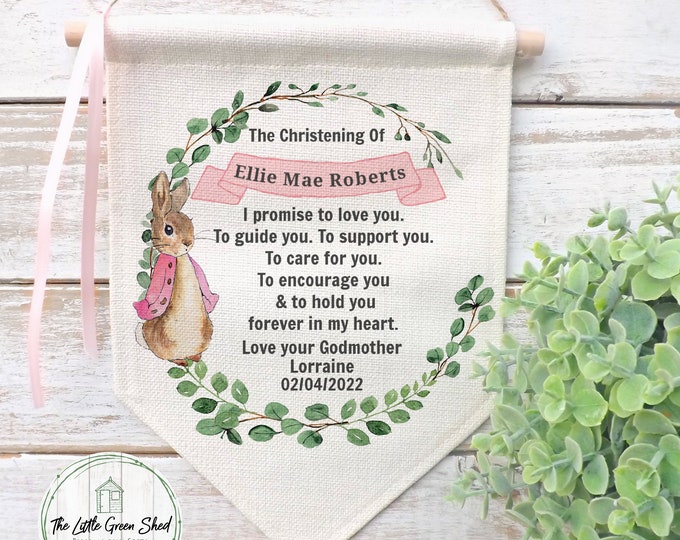 Christening Gift For A Girl, Christening Flag, Christening Keepsake, Goddaughter Gift, Baptism Keepsake, Flopsy Rabbit