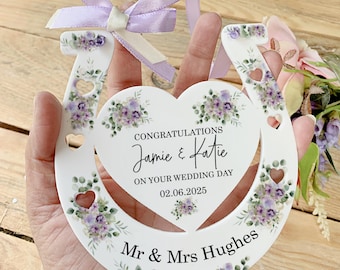 Personalised Wedding Horseshoe, Good Luck Charm, Mr And Mrs Gift, Lilac Floral Design, Wedding Gift, Wedding Photo Prop, Free Giftbag