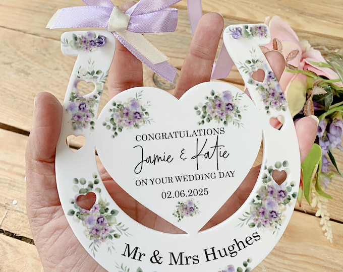 Personalised Good Luck Wedding Horseshoe Wedding Decoration  Mr & Mrs Wedding Present Lilac Flowers And Green Foliage Free Organza Giftbag