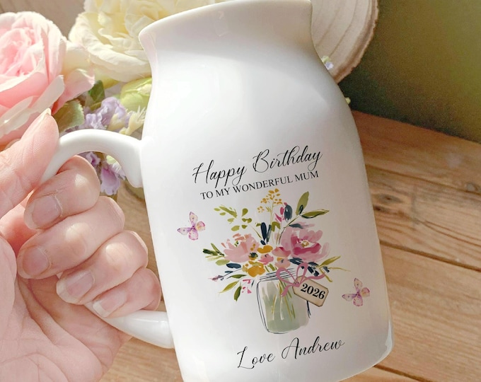 Personalised Mum Vase Birthday Gift For Her Mothers Day Gift Floral Vase Gift for Her Jug for Grandparent, Mum Flower Birthday Present