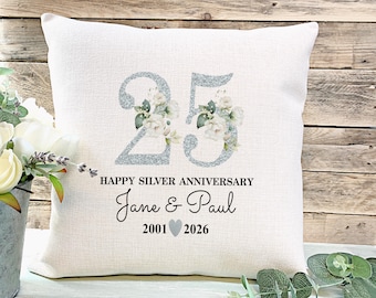 Personalised Silver Anniversary Cushion, 25th Wedding Gift for Parents
