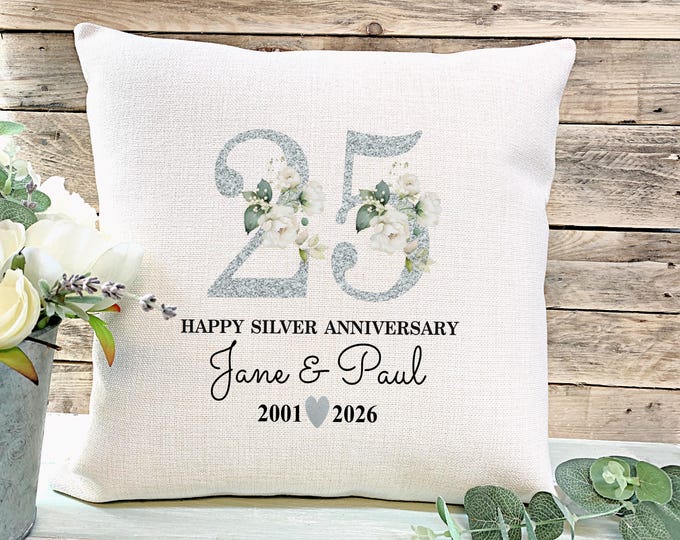 Personalised 25th Wedding Anniversary Gift, 25th Anniversary Cushion, Silver Wedding Anniversary Gift for Mum & Dad, 25 years Married gift,