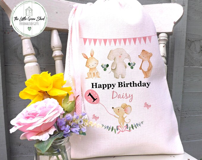 Personalised First Birthday Gift Bag: Linen Drawstring Toy Sack (30x40cm)