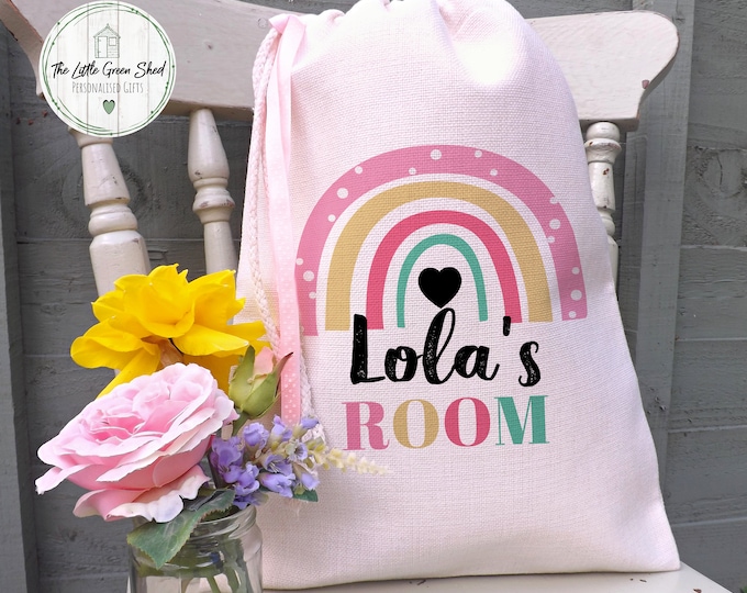 Personalised Drawstring Bag, Sock Bag, Pyjama Bag, Girl Room Decor, Book Bag, Luxury Linen Med Size 30x40cm