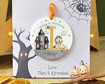 Personalised Child's 1st Halloween Card, Spooky Werewolf And Pumpkin Acrylic Keepsake
