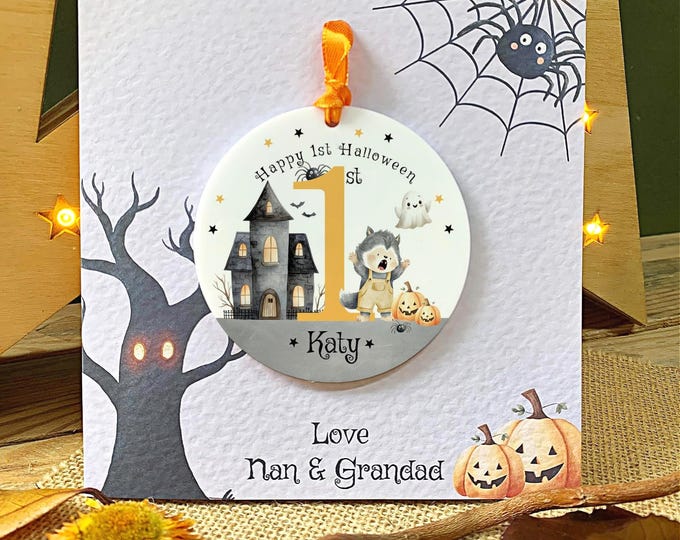 Personalised Child's 1st Halloween Card, Spooky Werewolf And Pumpkin Acrylic Keepsake