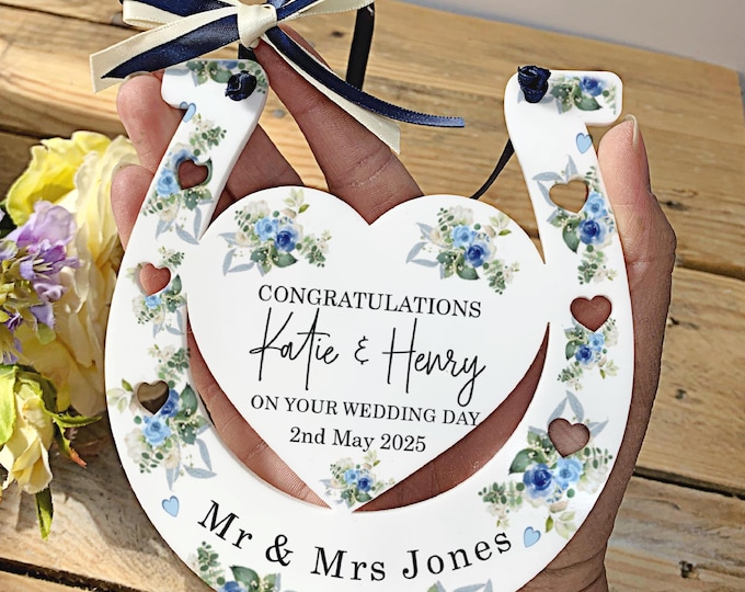Personalised Horseshoe Wedding Gift Good Luck Wedding Decoration Mr & Mrs Wedding Present Something Blue Floral Gift Free Organza Giftbag