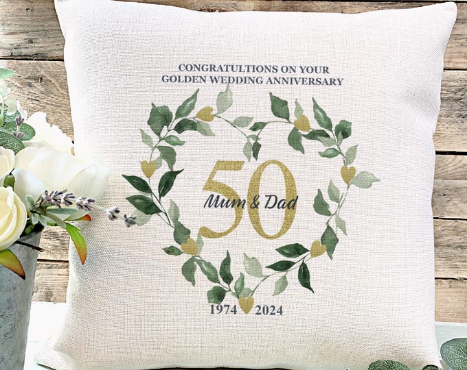 Golden Wedding Anniversary Gift, 50th Anniversary gift, Wedding Gift, Gift for Couples, Anniversary Cushion, Wreath Anniversary Gift
