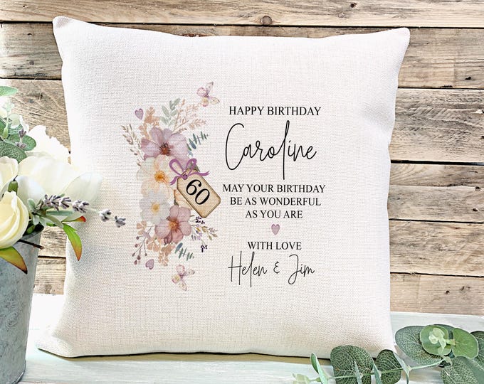 Personalised Birthday Keepsake Gift for Her, Birthday Cushion, Birthday Present for Mum Friend Sister, Any Age Gift, Floral Design Gift,