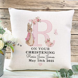Personalised Christening Cushion Gift Girls Rabbit Christening Cushion Baptism Gift Godchild Gift Gift For Goddaughter Christening Gifts