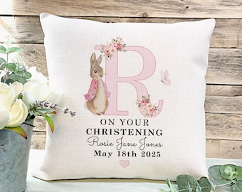 Personalised Christening Cushion Gift Girls Rabbit Christening Cushion Baptism Gift Godchild Gift Gift For Goddaughter Christening Gifts