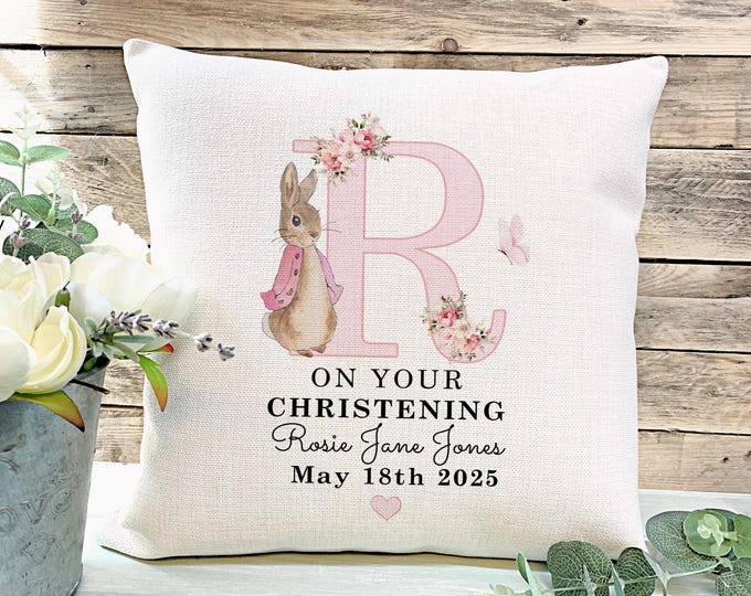Personalised Christening Cushion Gift Girls Rabbit Christening Cushion Baptism Gift Godchild Gift Gift For Goddaughter Christening Gifts