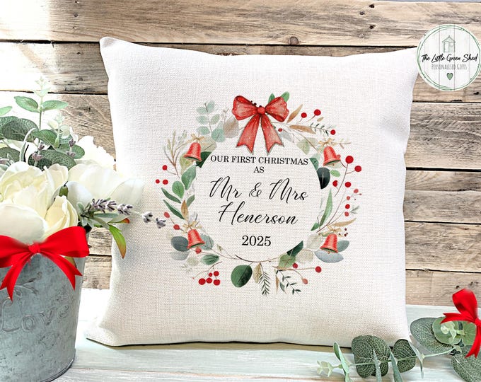 Personalised 1st Christmas Married Gift: Newlywed Keepsake, Wreath Design Xmas Cushion, Couples Wedding Decor