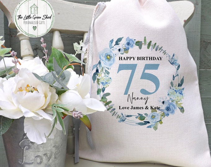 Personalised Birthday Gift Bag, Birthday Gift For Her, Luxury Linen Bag, Any Age Gift, Birthday Drawstring Bag,