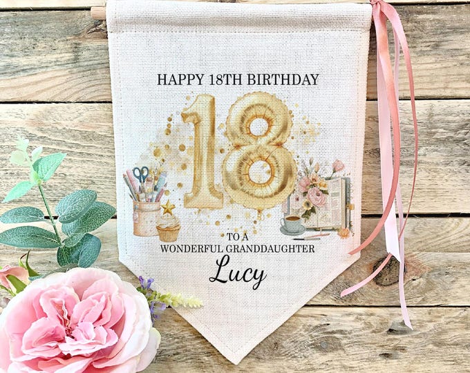 Personalised 18th Birthday Banner, Gold Balloons Pennant Flag Sign for Girls, Eighteenth Party Decorations, Custom Name Hanging Garland