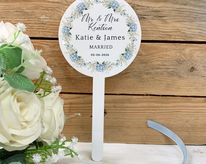 Personalised Wedding Cake Topper Dusty Blue, Floral Wedding Name & Date Keepsake, Mr And Mrs Gift, Wedding Day Cake paddle