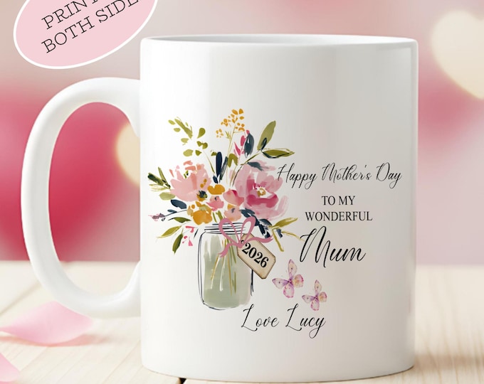 Personalised Mother’s Day Gift for Mum, Ceramic Mug Keepsake, Present for Mum or Gran, Gift From Grandkids, Nanny Gift, Floral Mum Keepsake