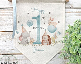 Personalised Baby 1st Birthday Flag, Woodland Animals Keepsake Decoration