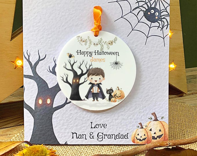 Personalised Children's Halloween Card, Spooky Vampire And Pumpkin Acrylic Keepsake