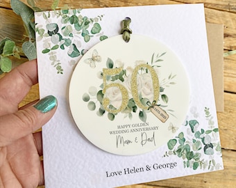 Personalised Golden Anniversary Card: Floral Keepsake Disc