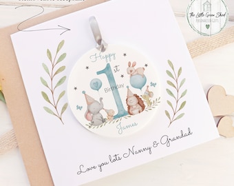 Personalised 1st Birthday Card, Baby Boy Keepsake, Detachable Acrylic Disc Ornament
