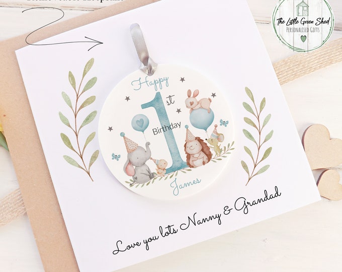 Personalised 1st Birthday Card, Boys Birthday Keepsake card, Acrylic Keepsake, Baby Animals card
