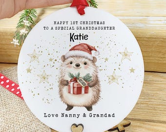 Personalised Granddaughter 1st Christmas Bauble, Hedgehog Keepsake Ornament, Baby's First Christmas Gift
