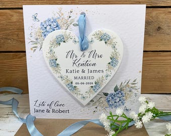 Personalised Wedding Card, Wedding Day Gift, Newlyweds Card, Wedding Keepsake Card, Mr And Mrs Gift, Blue Hanging Heart, Acrylic Keepsake,