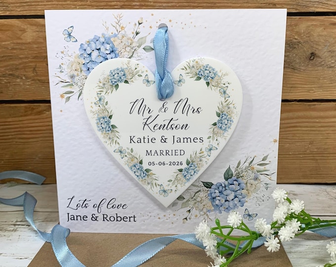 Personalised Wedding Card, Wedding Day Gift, Newlyweds Card, Wedding Keepsake Card, Mr And Mrs Gift, Blue Hanging Heart, Acrylic Keepsake,
