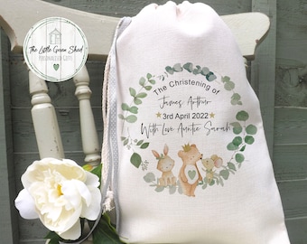 Godson, Goddaughter Gift, Personalised Baptism, Christening Drawstring Gift Bag, Luxury Linen, Med Size 30x40cm