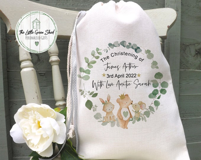 Godson, Goddaughter Gift, Personalised Baptism, Christening Drawstring Gift Bag, Luxury Linen, Med Size 30x40cm