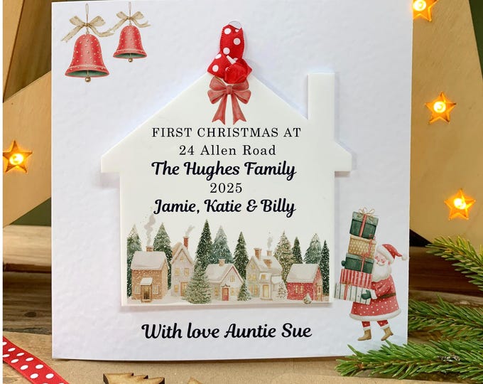 Personalised First Christmas New Home Card, Housewarming Keepsake, Acrylic House Decoration, Neighbours, Friends, Family