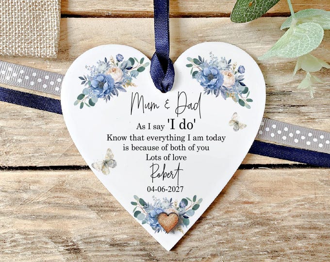 Personalised Parents Wedding Gift, Blue Floral Heart Keepsake, Mum Dad Thank You (10x10cm)