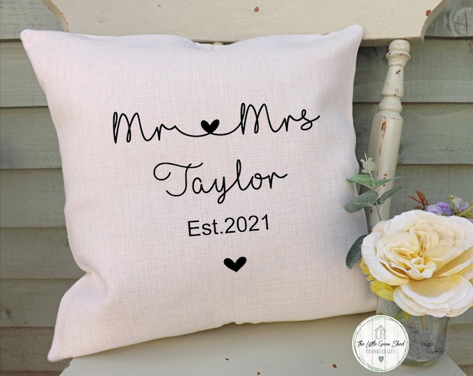 Personalised Mr & Mrs Gift | Wedding Cushion | Name And Date Wedding Keepsake | Anniversary Pillow