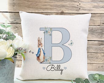 Personalised Peter Rabbit Cushion, Boys Bedroom Decor, Blue Floral Initial Gift, Grandson Son Gift, Birthday Gift For Boy,