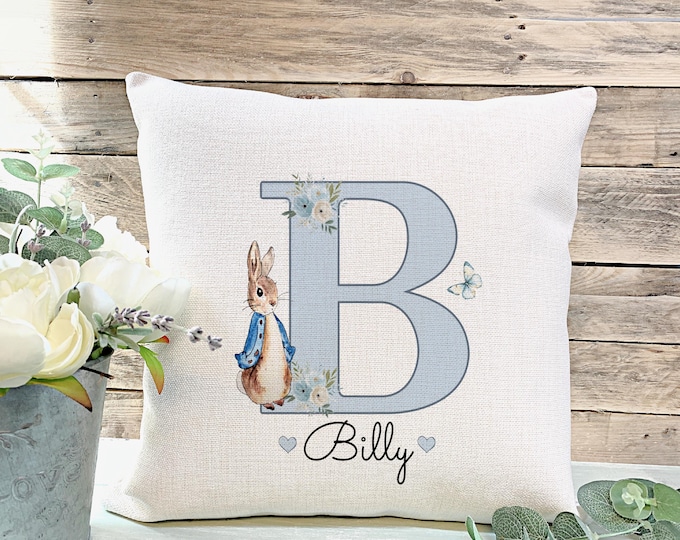Personalised Peter Rabbit Cushion, Boys Bedroom Decor, Blue Floral Initial Gift, Grandson Son Gift, Birthday Gift For Boy,