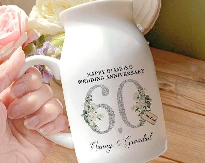 Diamond Wedding Anniversary Vase, Personalised Jug, Diamond Wedding Gift, 60th Anniversary Present, 60 years Married, Diamond Vase