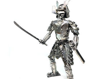 Samurai Warrior Scrap Metal Sculpture - Handmade Recycled Motorcycle Part Art, Japanese Decor