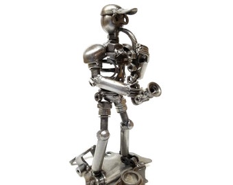 Saxophone player Metal Sculpture, Handmade from Scrap Metal & Motorcycle Parts - Recycled Art Gift