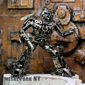 Yellow Robot Sculpture - Handmade from Recycled Motorcycle parts, Moving Head, Industrial Sci-Fi Art