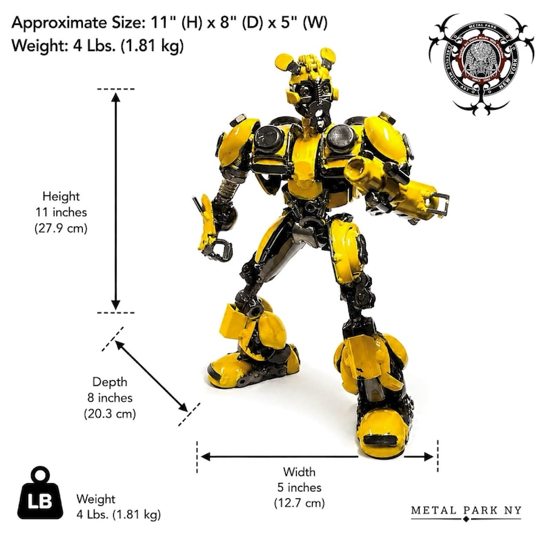 May include: A yellow and black robot sculpture crafted from recycled metal components, measuring 27.9 cm in height, 20.3 cm in depth, and 12.7 cm in width, weighing 1.81 kg. The figure displays a mechanical design with articulated limbs and a head.