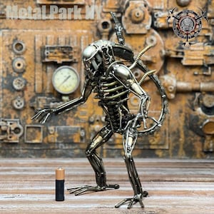 Steampunk Alien Bio-Mechanical Sculpture - Recycled Metal Industrial Art