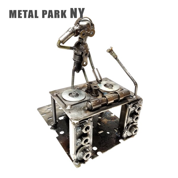 DJ, scrap metal art, handmade metal sculpture, made out of motorcycle parts
