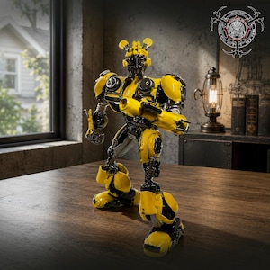 May include: A yellow and black robot figurine constructed from recycled metal parts. The robot features a rounded head with antennae, shoulder armour, and a cannon-like attachment on one arm. It stands in a bipedal pose with articulated joints.