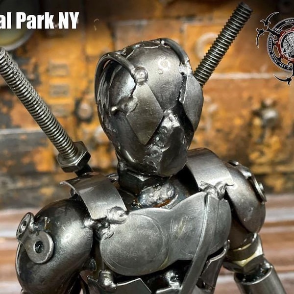 Red Masked Warrior Sculpture |  Handmade scrap metal Mercenary figure | Industrial Steampunk Art